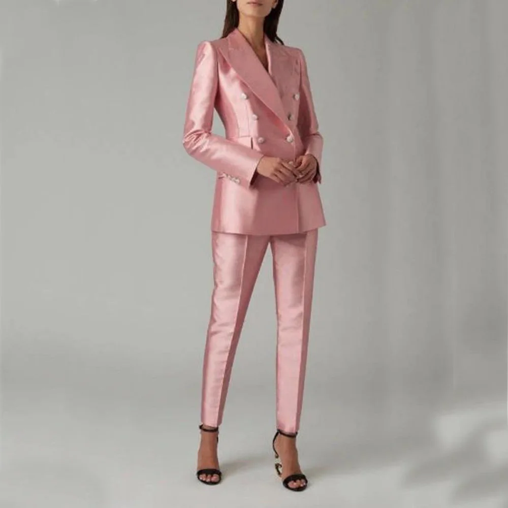 Women's Satin Suit Casual Elegant Women's Suit Dress 2 Piece Double Breasted Lapel Pants Suit Chic Blazer