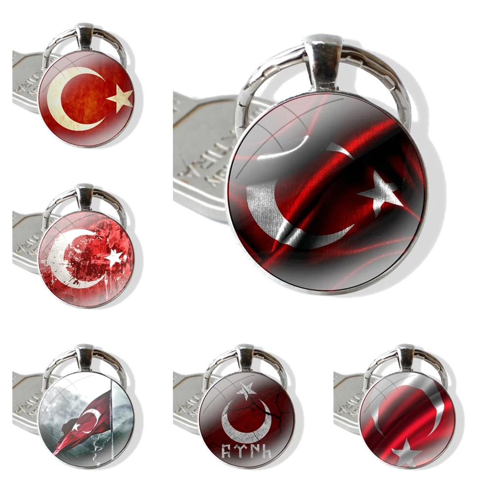 Flag of Turkey Keychain Handmade Glass Cabochon Key Ring Holder Pendant Key Chains