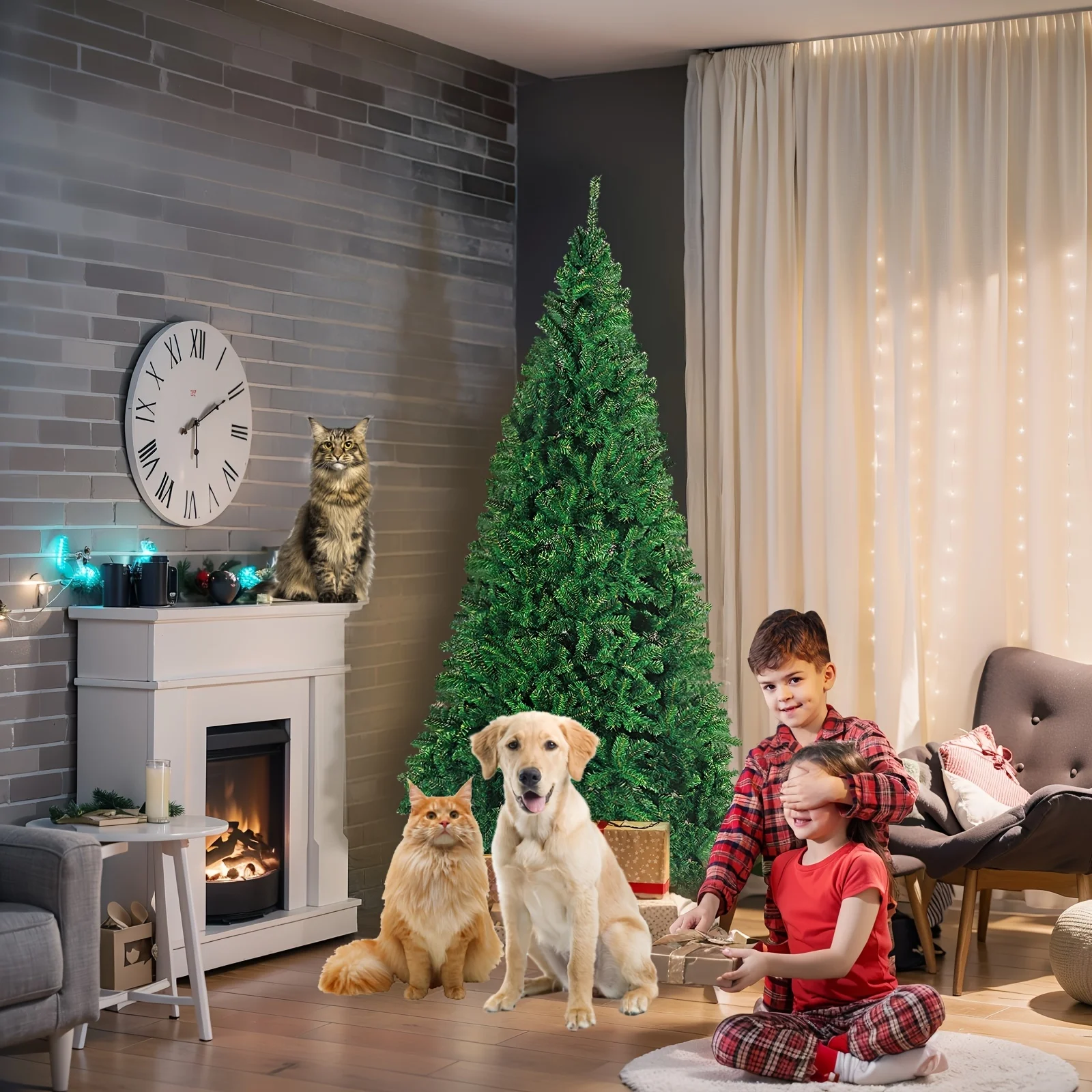 

5/6/7.5/9 ft Green Christmas Artificial Spruce Tree Decoration, Fireproof PVC Material, Metal Base, 7.5 ft = 1180 spruces