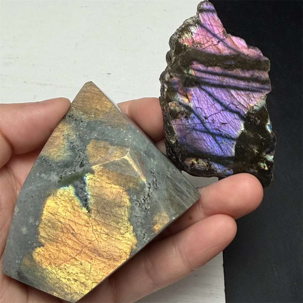 2PCS Natural Yellow Orange Purple Light Labradorite Ornaments Sliced Blue Green Light Labrador Stones Blocks Mineral Specimen