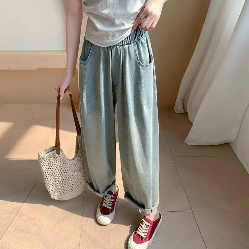 

Blue Silk Denim Jeans Men's Thin Large Size Loose Drapey Ice Silk Casual Wide Leg Pants Tapered Fit Summer l Waist Zipper