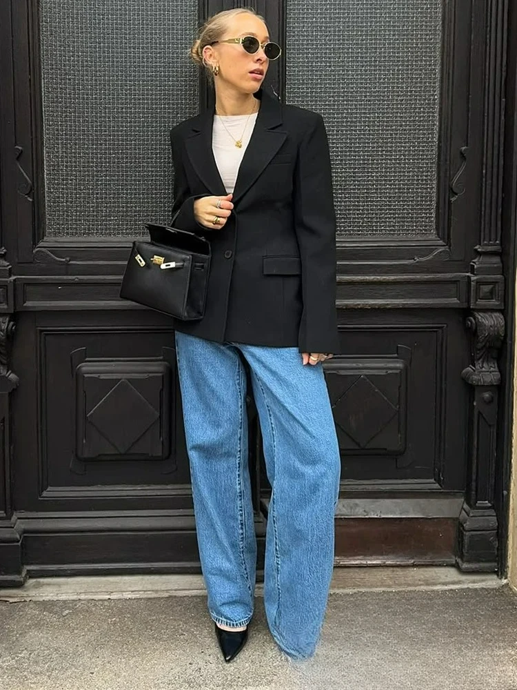 

KONDALA офисный женский однотонный черный пиджак женский с v-образным вырезом тонкие карманы прямой пиджак мода 2025 весна-лето повседневные куртки