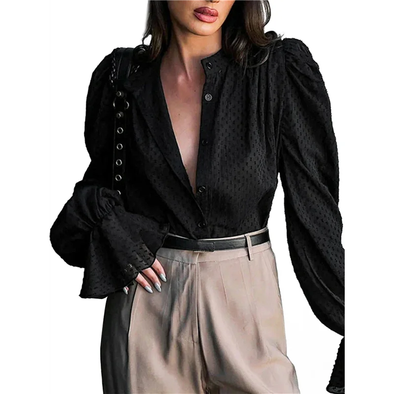 

AOAO-Womens Blouse Shirt Straw Yellow Solid Color Shirred Cuff V Neck Blouse Trendy Fall Winter Clothes