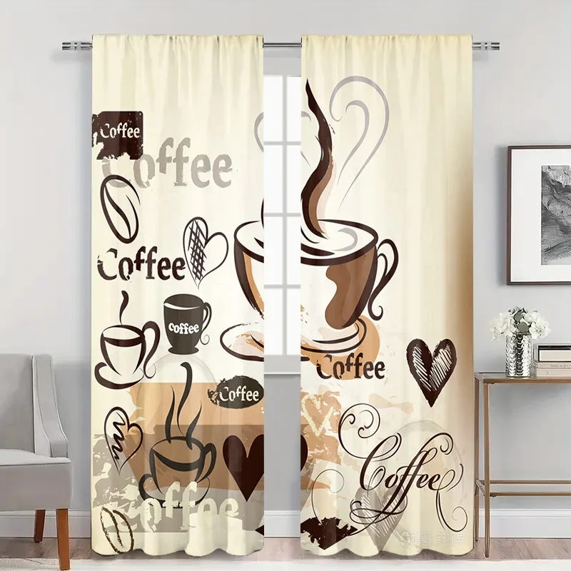 2pcs Set Vintage Coffee Print Curtains for Kitchen, Living Room, Bedroom – Retro Style Drapes for Café, Home & Hotel Decor
