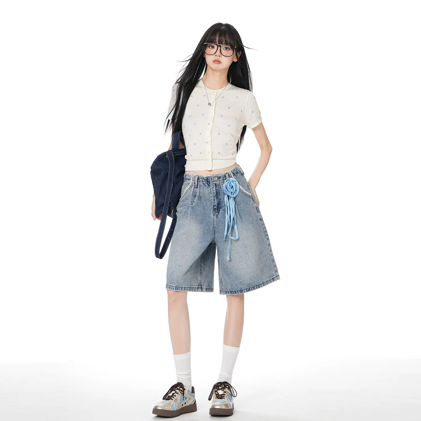 

Patchwork High Waist Wide Leg Denim Shorts For Women Loose Slimming Tall Fashion Versatile Mid-Length Pants