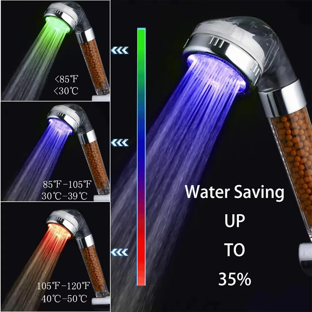 Cabezal de ducha LED con Control de temperatura, cabezal de ducha con piedras de aniones de alta presión que cambian de Color, boquilla de ahorro de agua, accesorio de baño