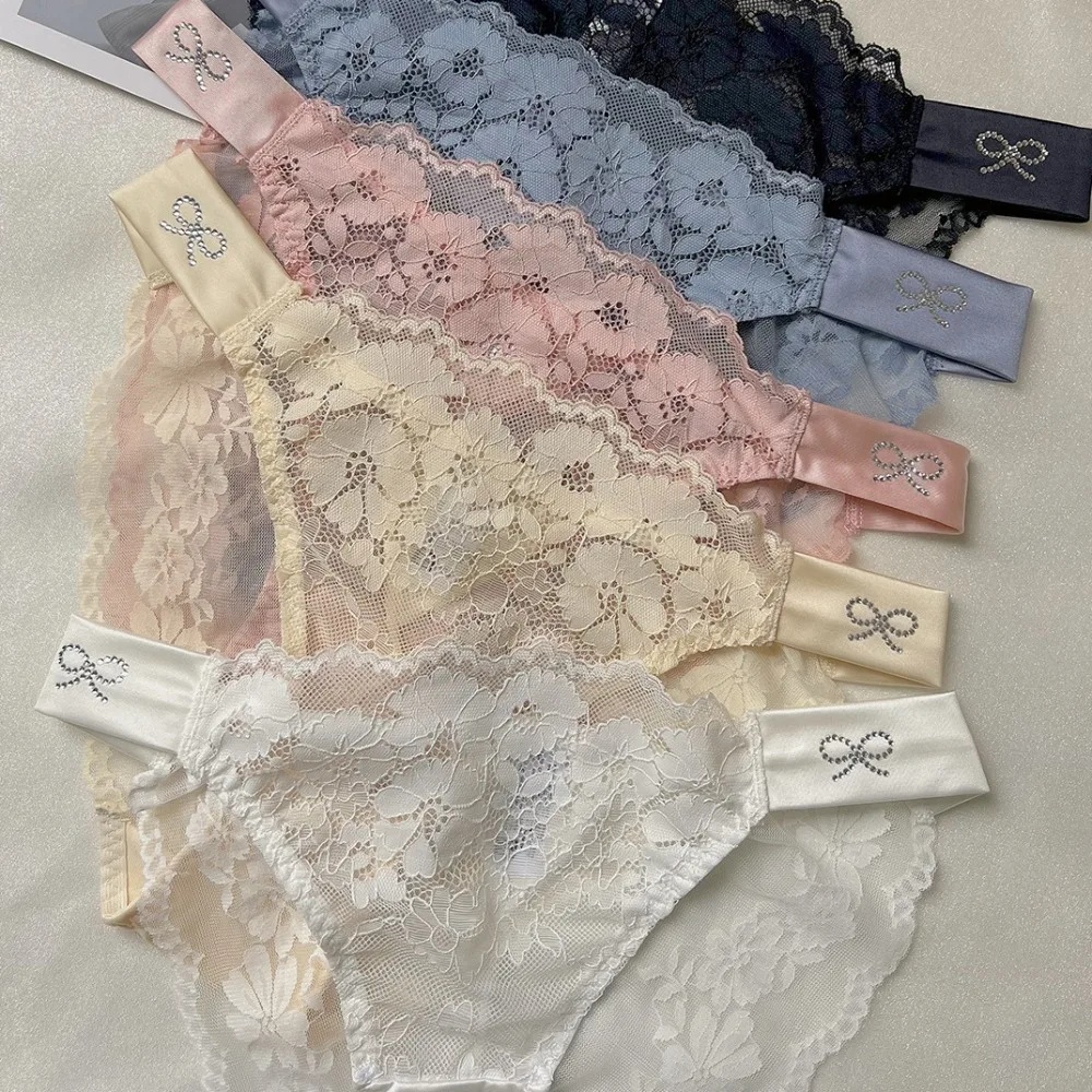 

Fashion Mid Waist Floral Lace Panties Bow Underwear Rhinestone Mesh Briefs Lingerie Transparent Women's Underpants Female