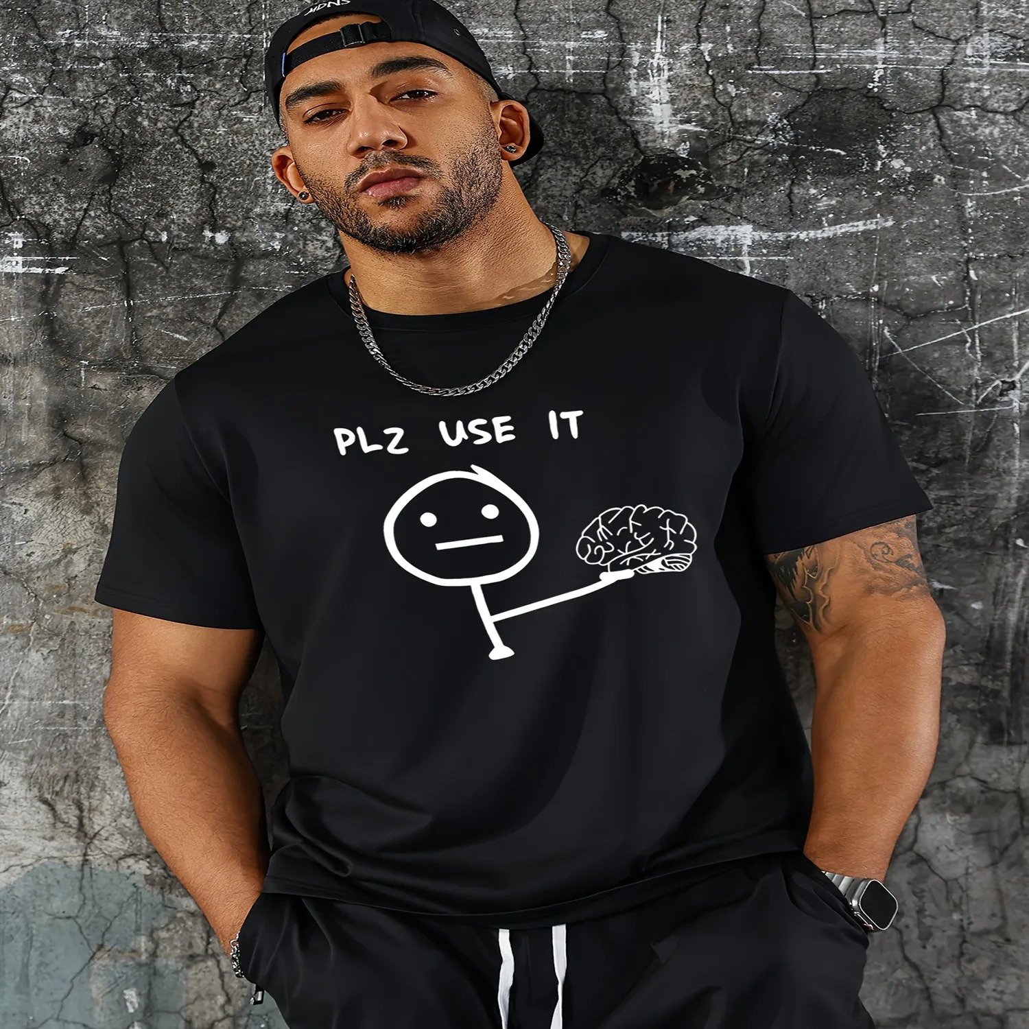 Men's Line Art Figure with Letter Print T-shirt Funny Shirt, Cute Tee,