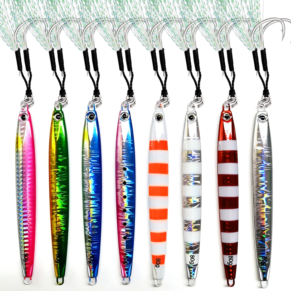 

8 шт. новые быстро тонущие металлические приманки 80 г 13 см, быстро тонущие приманки для длительного заброса, приманка для морской глубоководной рыбалки с 3 типами крючков