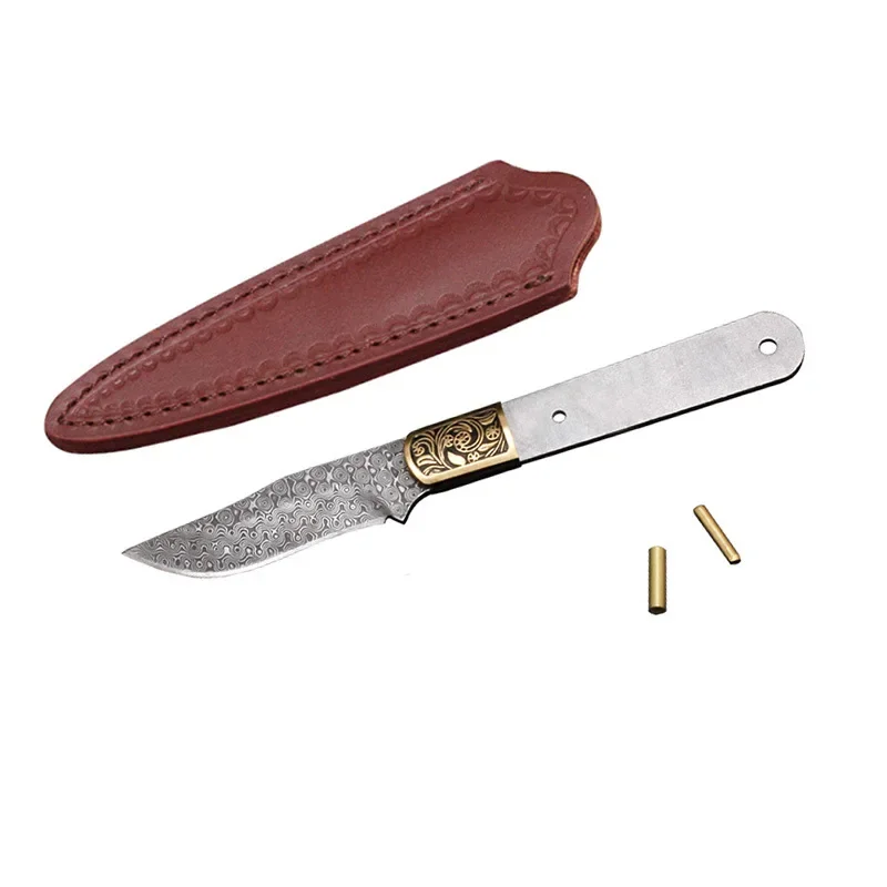 

Damascus Steel DIY Semi-finished Fixed Blade Knife Blank Hunting Straight Camping Knife DIY Billets Blade With Leather Case
