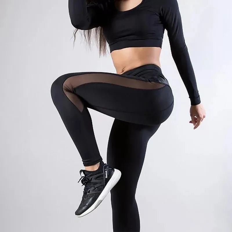 Moda de cintura alta Me PU empalme Sexy mujer Yoga deportes pantalones básicos de nueve piezas Leggings pantalones con zona para el pie fibra de poliéster