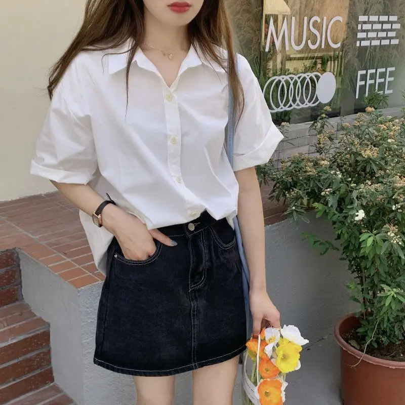 Spring Summer New White All-match Youth Loose Blouse Solid Polo Neck Long Sleeve Trend Shirt Tops Fashion Korean Women Clothing