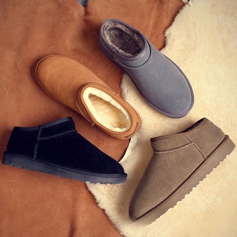 

Winter Men's Platform Snow Boots Solid Color Indoor Slippers Cow Suede Leather Outdoor Comfy Sheep Fur Lined Short Ankle Boots