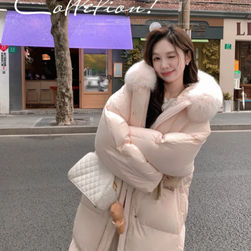 ピンクのフード付きロングパーカー女性韓国フェイクカラーパファージャケット冬のファッションダウンコートレディース暖かい綿パッド入りアウターウェア
