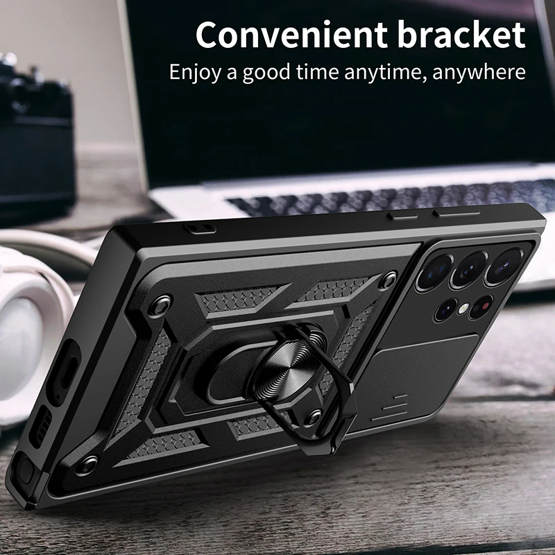 Shockproof Hybrid Dual Layer Magnetic Ring Kickstand Case For Samsung GalaxyS24 23 FE 22 Ultra Puls Slide Camera Protetion Cover