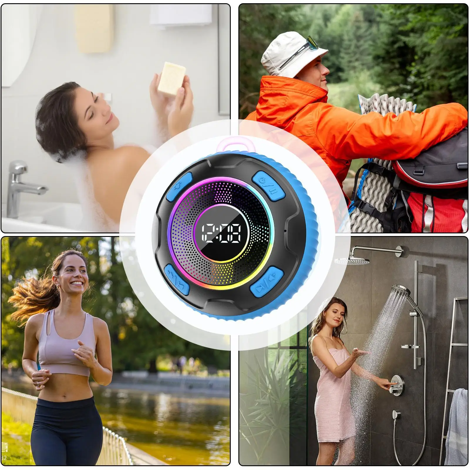 Беспроводной динамик, устройство для воспроизведения музыки с RGB-подсветкой, водонепроницаемый динамик для душа для любителей музыки, искателей приключений на открытом воздухе, колледжа