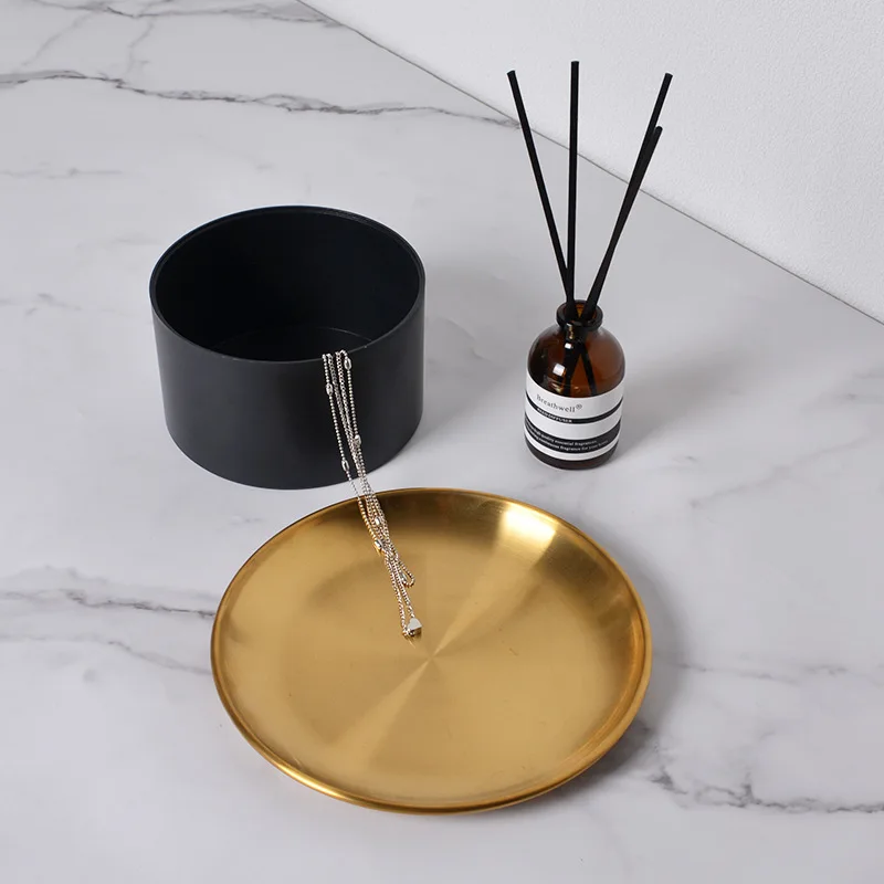 Nordic Style Home Living Room Fruit Plate Gold Round Tray Serving  Cosmetics Decorative  Metal Covered Storage Box