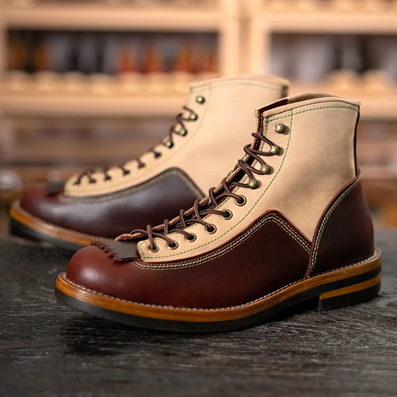 Hand Sewn High Top Men's Shoes with Trendy Lightweight Soles for Outdoor Work Boots