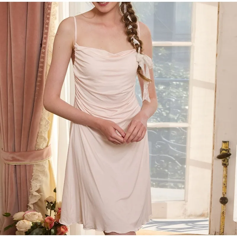 Summer new swinging collar small suspender nightdress Modal with chest pad non-removable pleated design side split loungewear