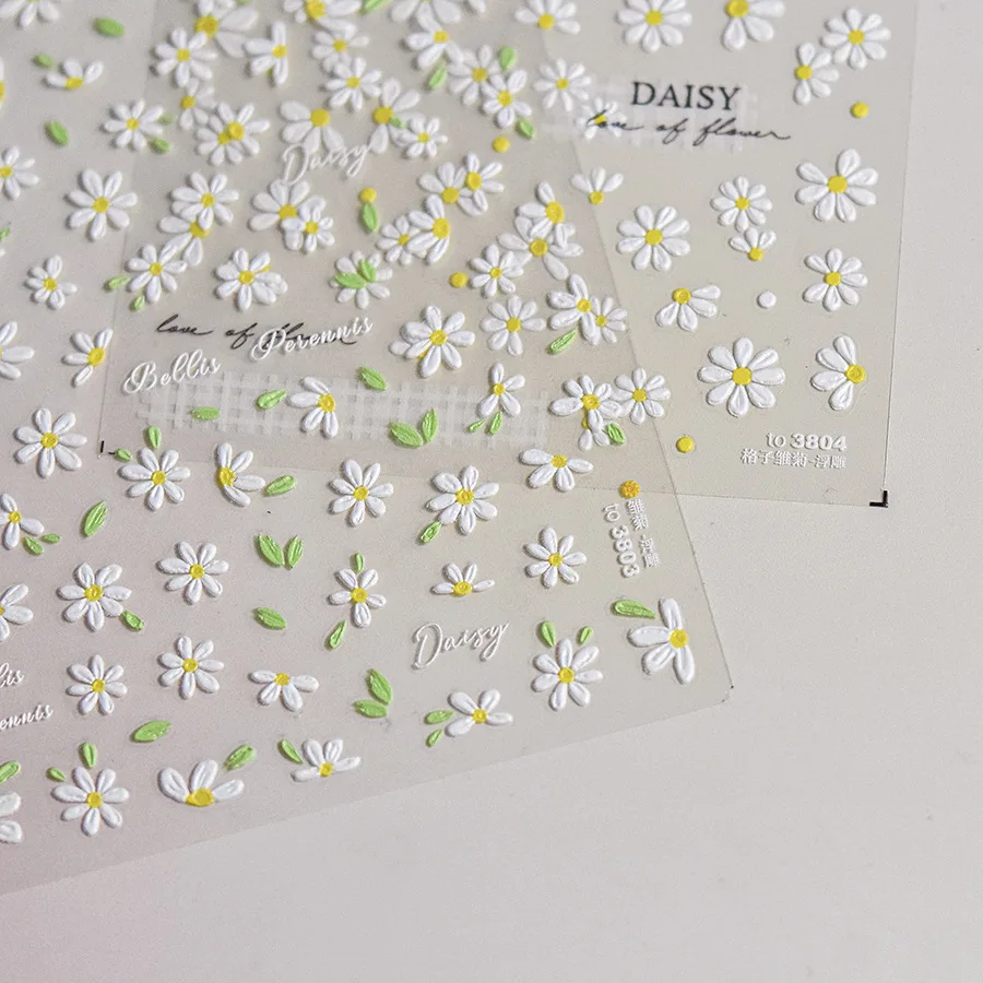 1pcs White Daisy Flower Embossed 5D Nail Sticker Spring Summer Adhesive Slider Nail Art Decorations Stickers Manicure DIY Decals