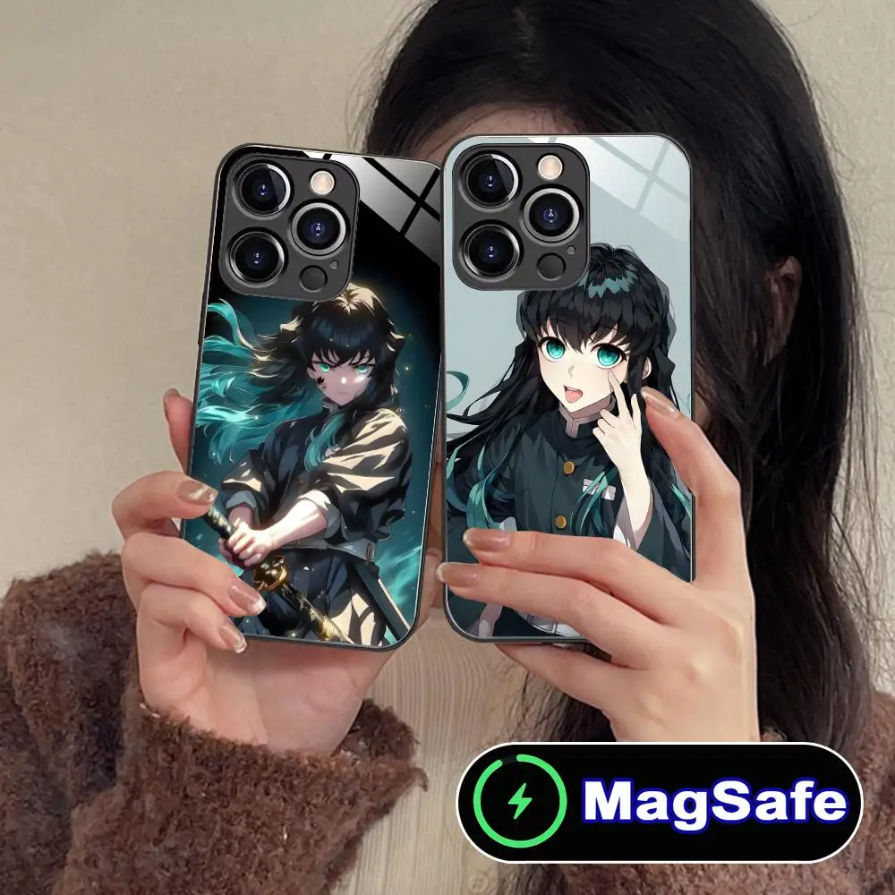 

Чехол для телефона Demon Slayer Muichiro для iPhone 16, 15, 14, 13, 12, 11 Pro Max Plus Mini MagSafe, стеклянный цвет, защитный роскошный чехол