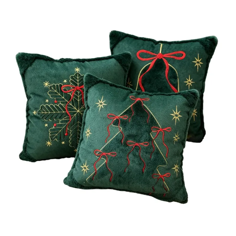 Christmas Decorative Throw Cushion Cover 45x45cm Embroidered Christmas Tree Pattern Green White Sofa Pillowcase for Living Room