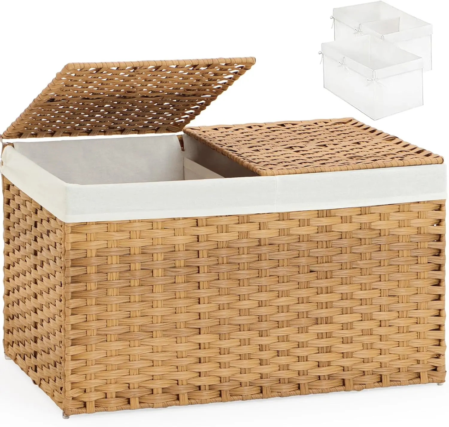 

27.8 Gallon Wicker Storage Basket with Lid, 2 Separate Covers & Liners, for Laundry & Bedroom