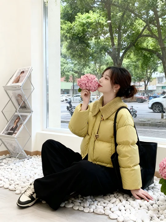 

ort Yellow Cotton Jaet Thi Warm Korean Sle Winter Clothes Commute Straight Tube Long Sve Zipper Pure Color Coat