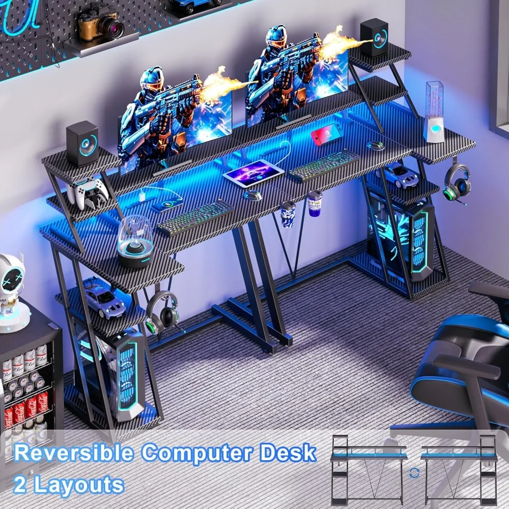 Premium 39 Inch Gaming Desk with LED Lights & Power Outlet, Small Gaming Computer Desk with Storage Shelves, L Shaped Gamer Work view 3