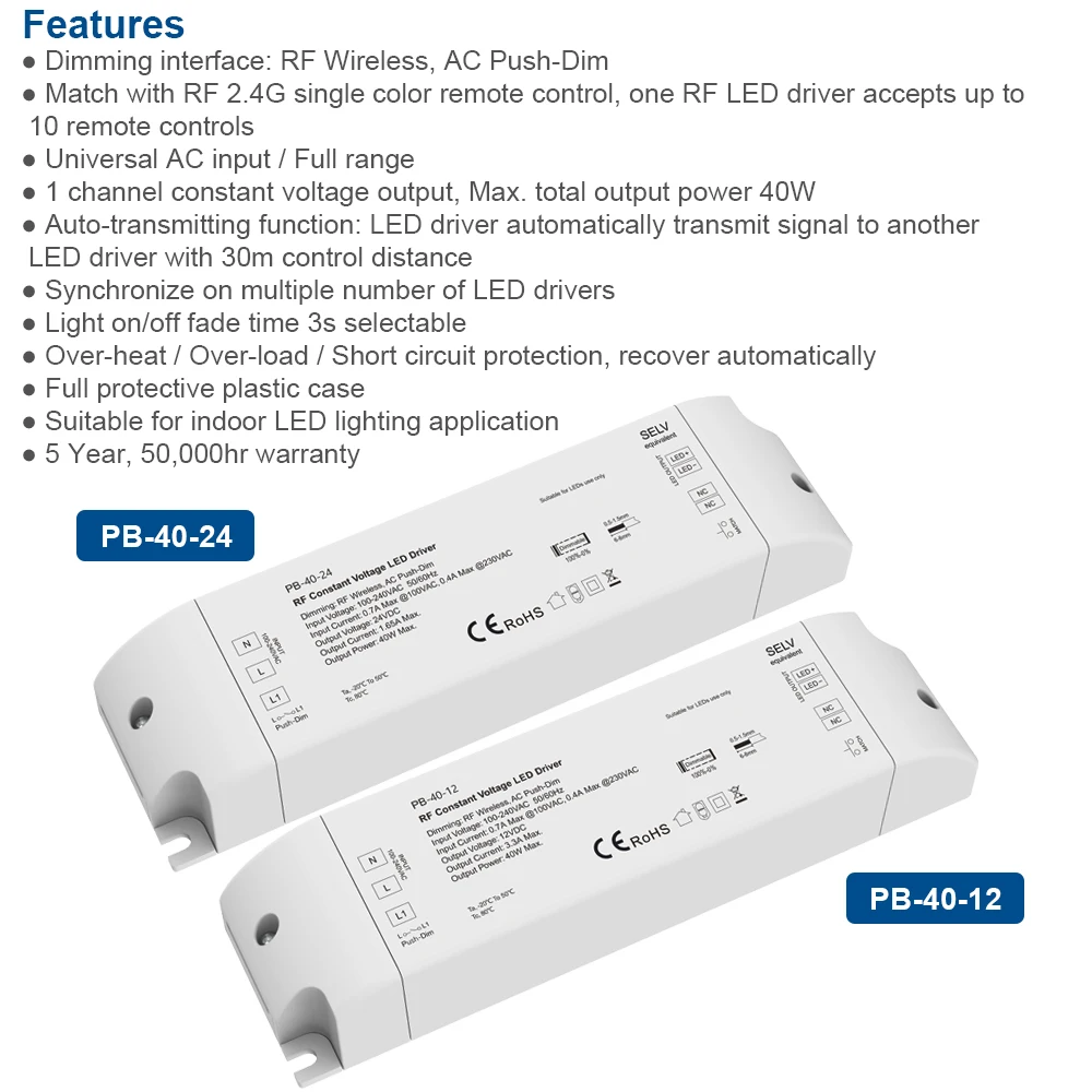 DC12V 24V 40W RF Dimmable LED Pilote Push-Dim LED Contrôleur LED Alimentation Avé AC100-240V D'entrée