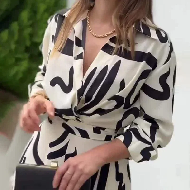 European And American Romper Autumn New Women's Temperament Commuter V-neck Print Loose Wide-leg Long Sleeve Romper