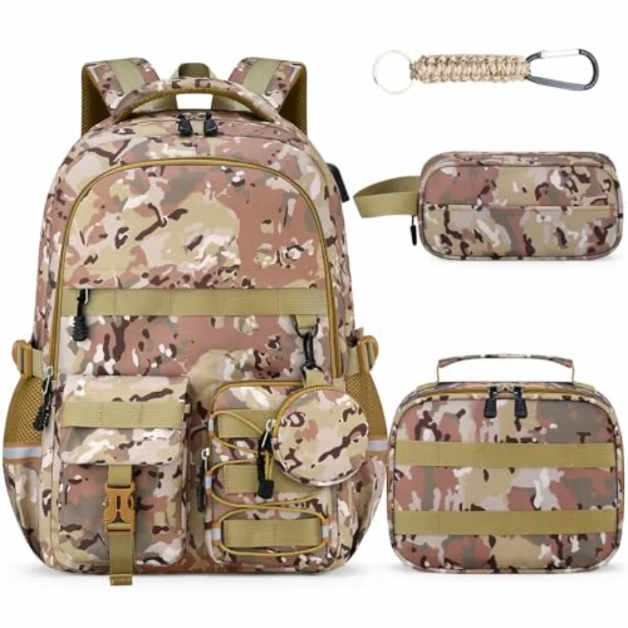 

School Backpack for Boys - 5pcs Camo Boys Backpack with Lunch Box Set for Teens Elementary Middle High School18″ Large Capacity