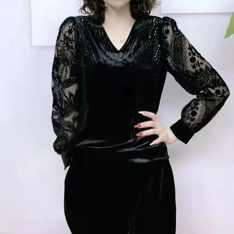 XL-6XL Middle-aged Women V-neck Blouse 2022 New Spring Summer Female Lace Splicing Tops Femme Black Shirts Long Sleeve Tops