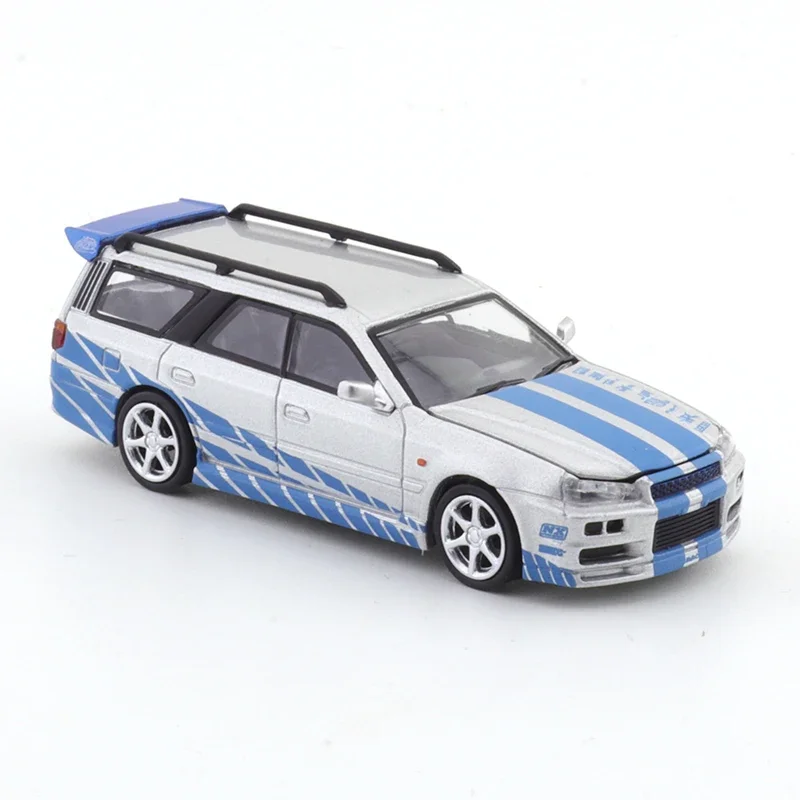 XCARTOYS POP RACE 1/64 Stage R34-cuerpo plateado con calcomanía azul, vehículo de aleación, modelo de Metal fundido a presión, juguetes para niños, regalo de Navidad