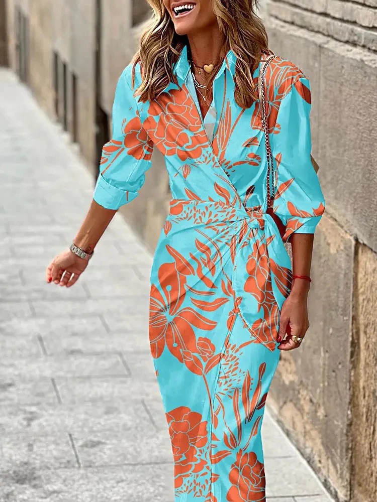 Women Elegant Printed Slim Fit Party Dress Turn Down Collar Ladies Casual Maxi Dress Summer Long Sleeve A Line Dresses Vestidos