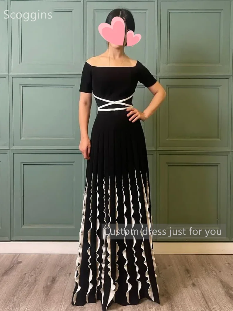 Scoggins فساتين سهرة Customize Elegant Vintage Sexy Sweet Black Ruffle Boat Neck Formal Occasion Prom Dress Evening Party Gowns