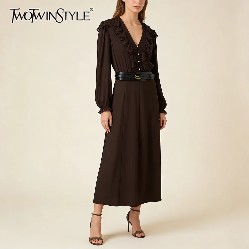 TWOTWINSTYLE Brown Loose Spliced Sashes Chic Dresses for Women V Neck Long Sleeve Vintage Casual Dress Female Autumn Fashion New