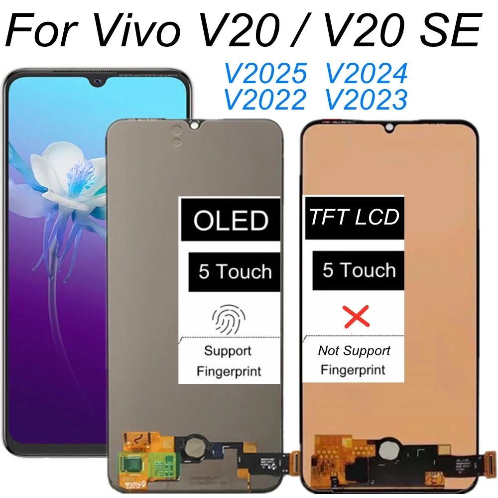 

6,44 ''OLED для Vivo V20/V20SE ЖК-дисплей с цифровым преобразователем сенсорного экрана в сборе, замена для VIVO V20 2021, ЖК-дисплей