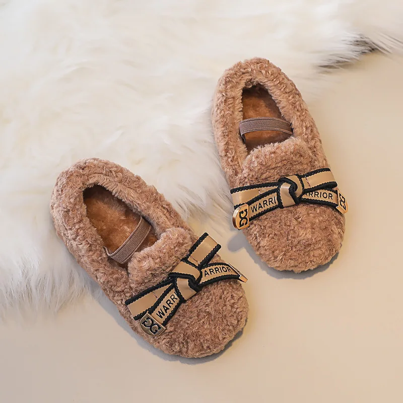 Warm Round Toe Fashion Three Colors Girl's Shoe Children Winter Loafers Bowtie Fleece Leisure Slip-on Kids Flat Shoes