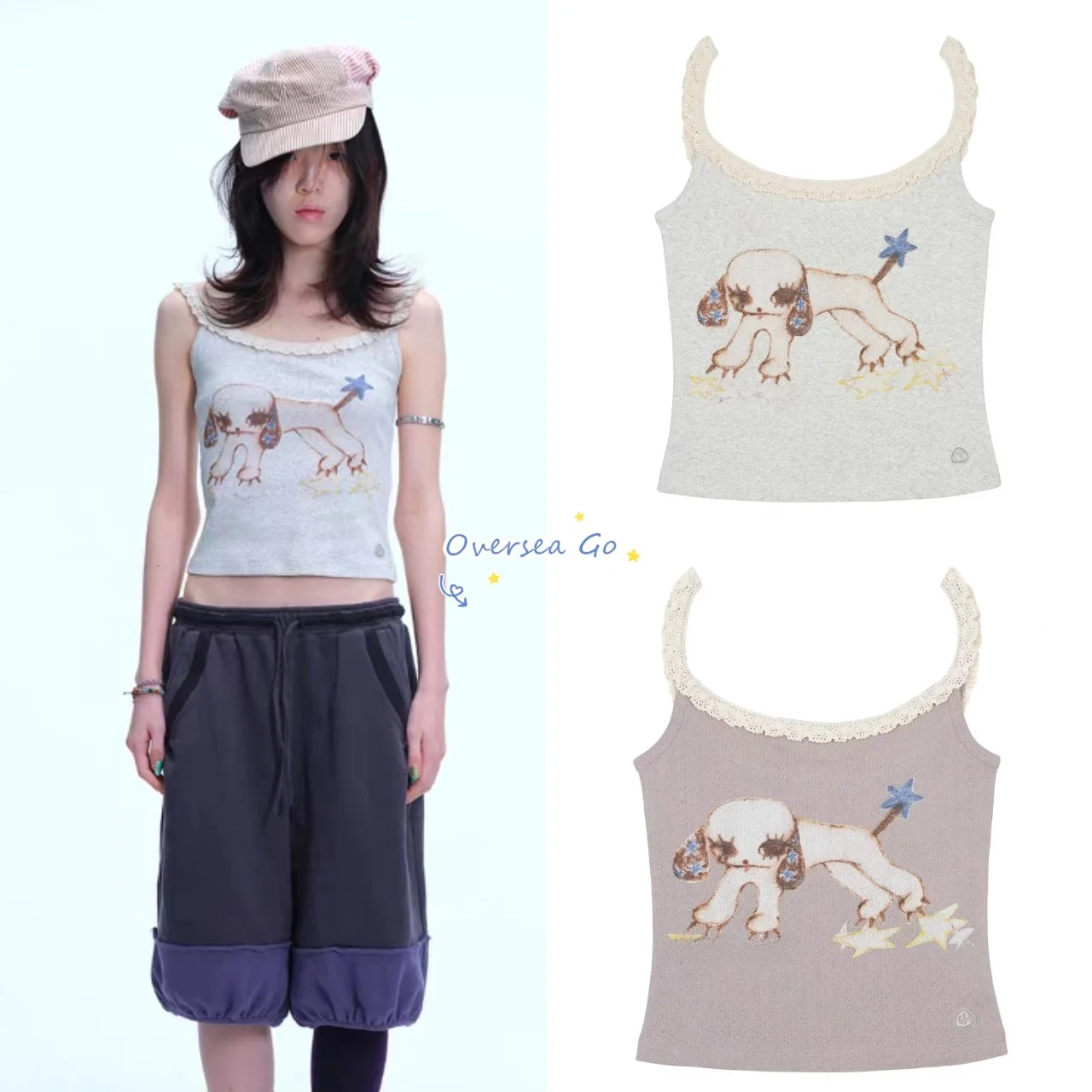 

Sweet Lace Trim Dog Print Halter Vest Women's Summer New Style Cotton Casual round Neckline Short Length Moisture Wicking