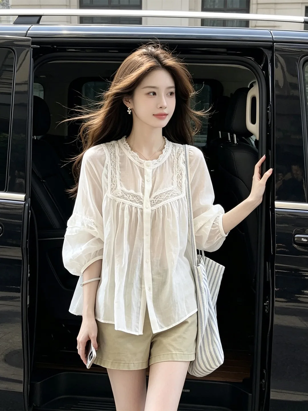 

Lace Splicing Cotton Linen Sun Protection Shirt Women Summer Outerwear Loose Slimming Open Cardigan Air Conditioning Shirt