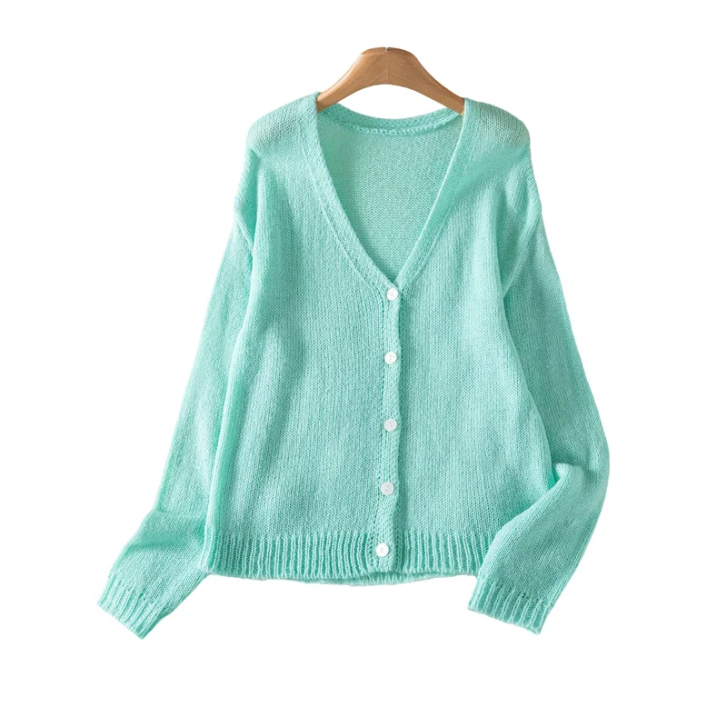 ABXF-Damen Casual V-Ausschnitt Langarm Strickjacke Herbst und Winter einfarbig Knopf Strickpullover Jacke