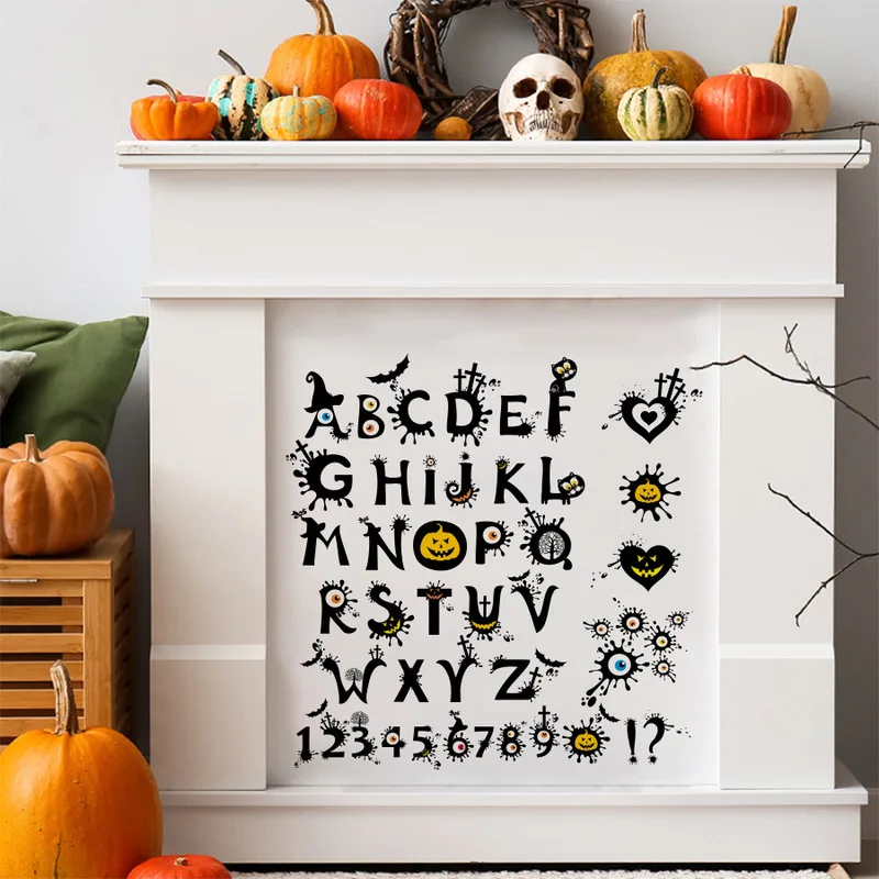 Halloween Blood Dripping Letters Numbers Wall Sticker, Pumpkin Eyeball Witch Hat Bat Self Adhesive Home Decor Decal