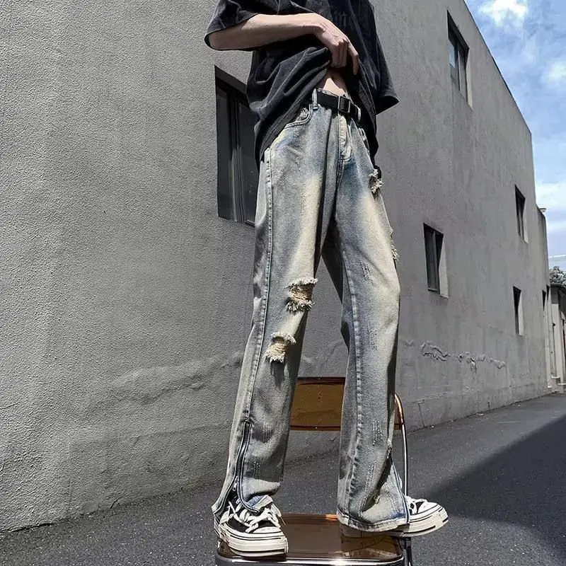 American StylevibeWind Split Ripped Jeans Men's Summer Fashion Brand European and American Street Pants Slim-Fit Micro Flared Pa