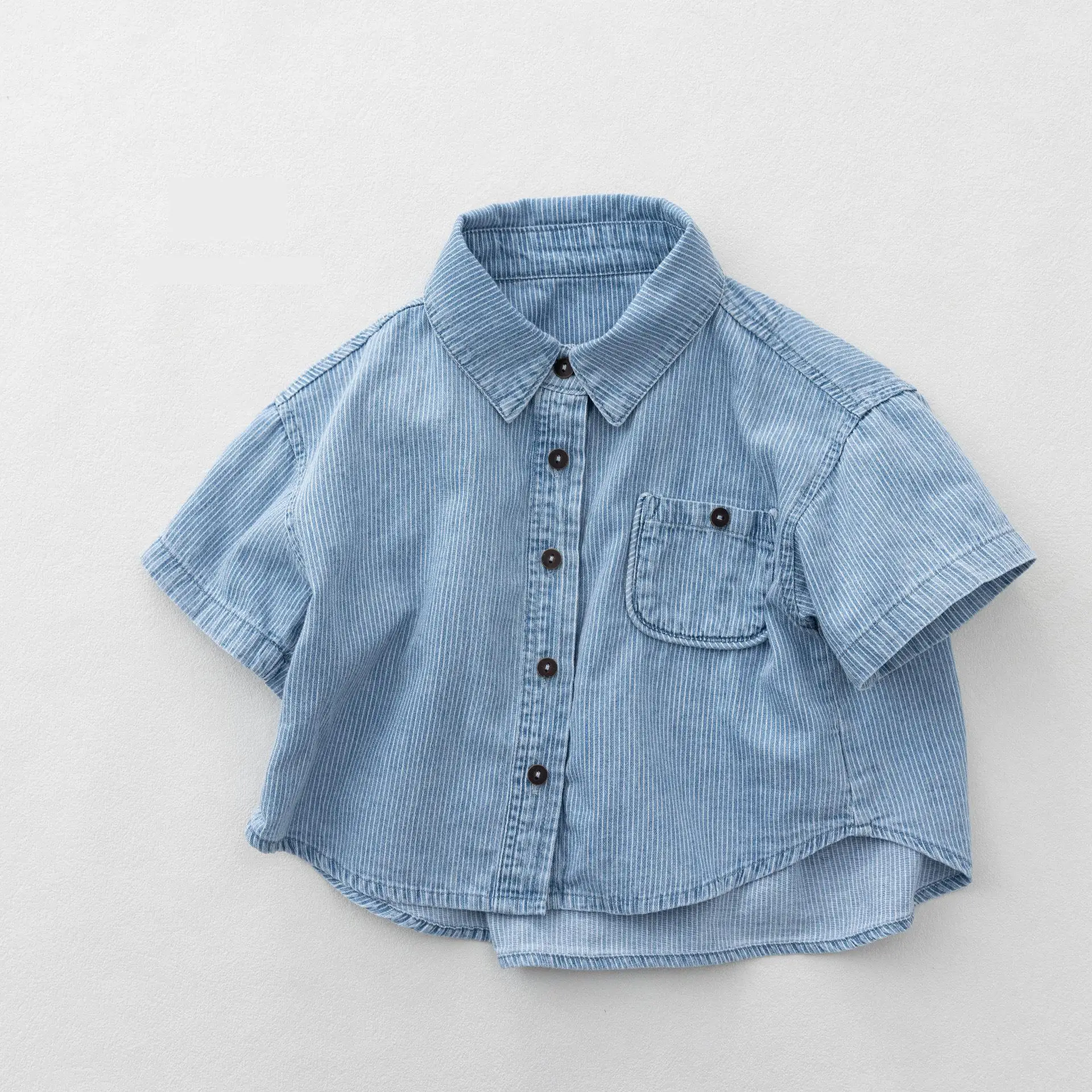 

2026 Summer New Children Short Sleeve Denim Shirts Solid Boys Thin Casual Shirts Coat Girls Loose Lapel Tops Kids Clothes