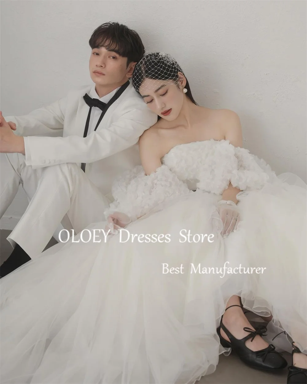 OLOEY Elegant Ivory Strapless A Line Wedding Dress Detachable Sleeves Japan Korea Photoshoot Floor Length Bridal Gown Customized