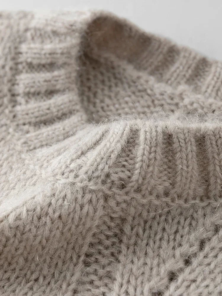 FSLE 20.9% Wool 19.1% Mohair Women Round Neck Solid Short Sweater Hollow Out Design Oatmeal Color Drop Sleeve Wool Sweaters