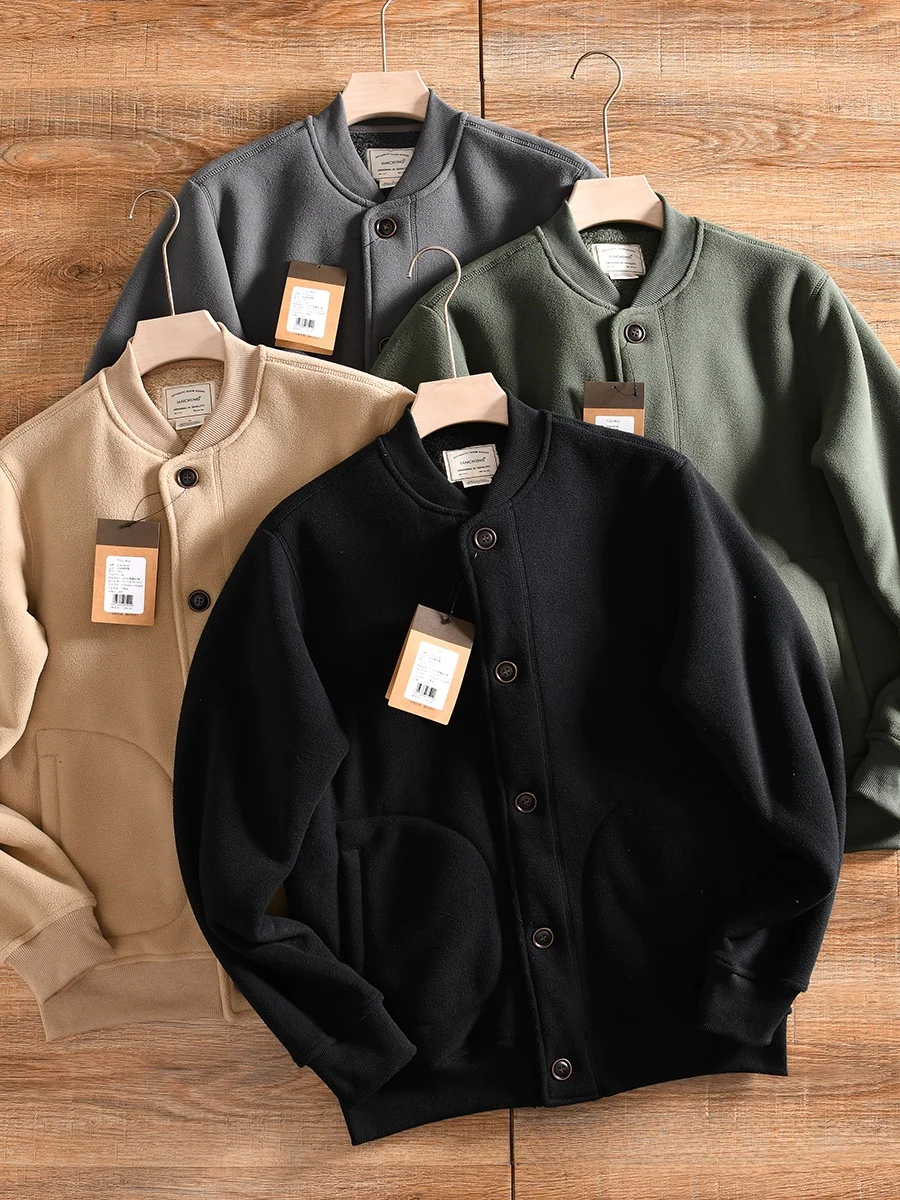 

Warm Fleece Lined Double Sided Velvet Winter Jacket American Casual Baseball Collar Men's Outerwear Standard Fit Polyester Fiber