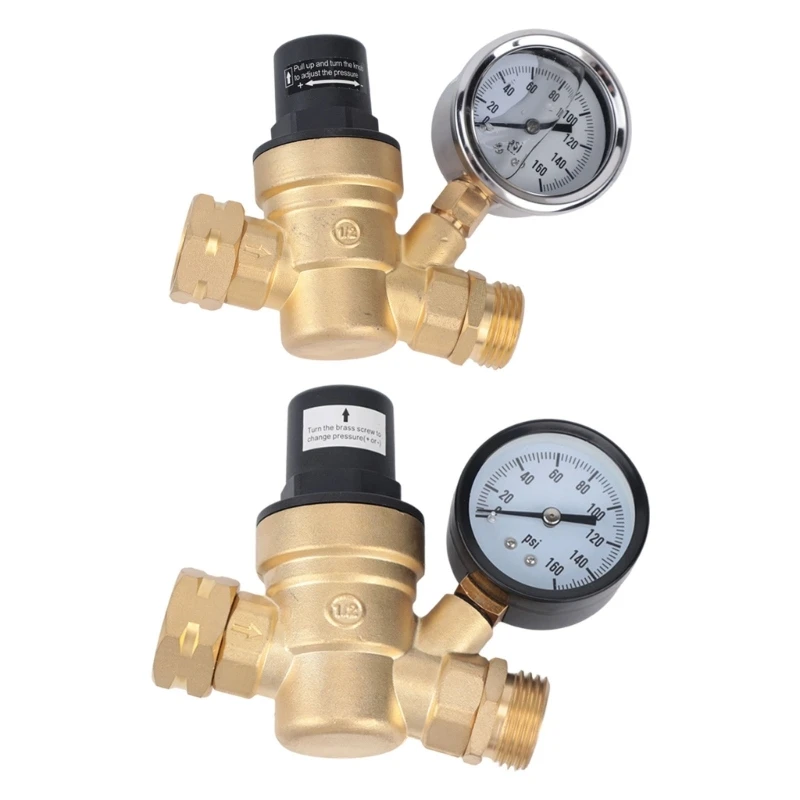 Adjustable Water Pressure Regulator with Analog 0-160PSI Gauges and Brass Body for RVs and Garden Line Control H9EE