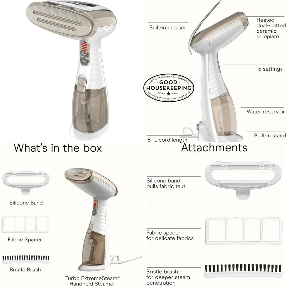 

Ручной отпариватель для ткани, 1875 Вт, нагрев за 15 минут, резервуар для воды 7,3 унции, белый/цвета шампань